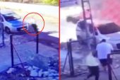 Alev alan araçta uyuyan oğlunu son anda kurtardı! Anbean kamerada