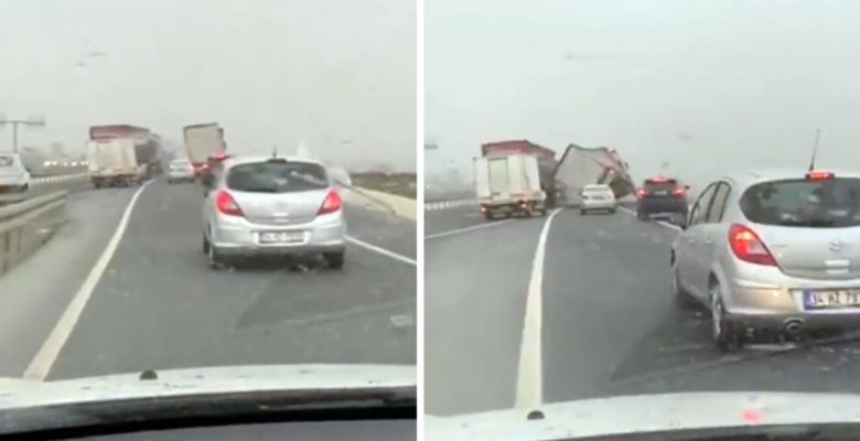 İstanbul’daki fırtınanın şiddetini en yeterli anlatan görüntü! Koca tır, oyuncak otomobil üzere savruldu