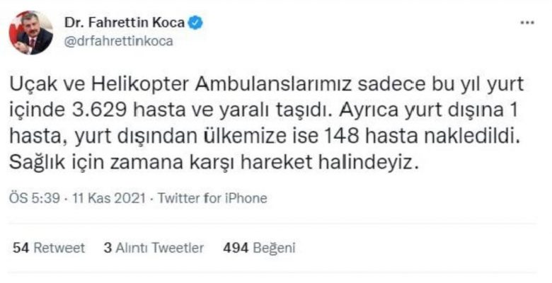 Son dakika haberleri: Bakan Koca’dan ‘hava ambulans filosu’ paylaşımı